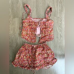 Free People Floral Red and Pink Skirt Set